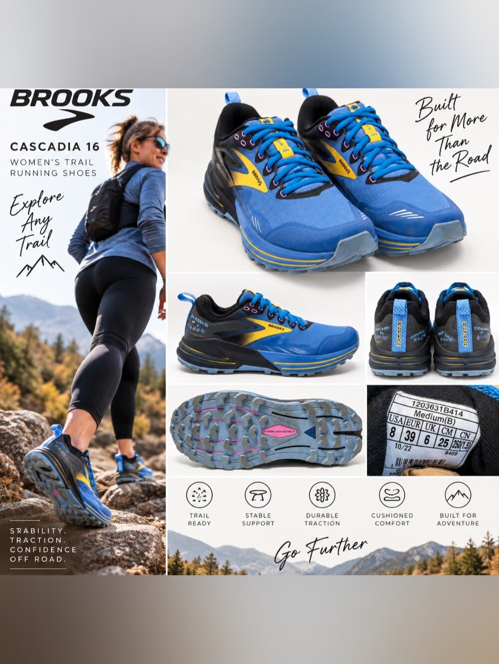 Brooks Cascadia 16 Women’s Trail Running Shoes – Blue/Yellow – Size 8 B